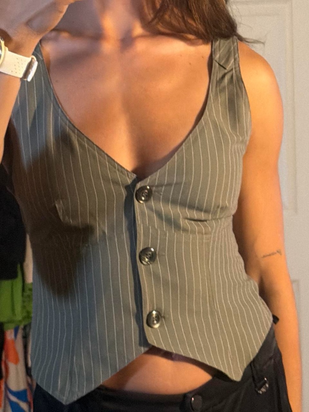 Pinstripe Tiger Mist Button Front Women's Vest Top - Gray